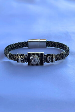 Kartal Dikdörtgen Zirkon Taşlı El İşçiliği ile Üretilmiş Hakiki Deri Erkek Bileklik