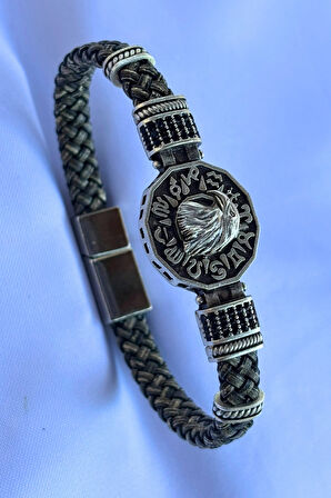 Kartal Figürlü Zirkon Taşlı El İşçiliği ile Üretilmiş Hakiki Deri Erkek Bileklik