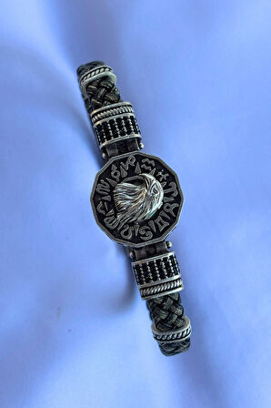 Kartal Figürlü Zirkon Taşlı El İşçiliği ile Üretilmiş Hakiki Deri Erkek Bileklik