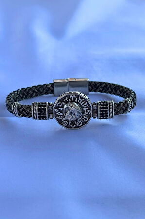 Kartal Figürlü Zirkon Taşlı El İşçiliği ile Üretilmiş Hakiki Deri Erkek Bileklik