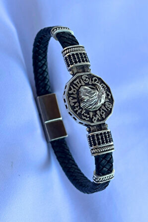 Kartal Figürlü Zirkon Taşlı El İşçiliği ile Üretilmiş Hakiki Deri Erkek Bileklik