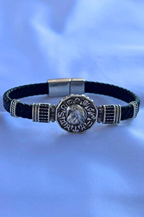 Kartal Figürlü Zirkon Taşlı El İşçiliği ile Üretilmiş Hakiki Deri Erkek Bileklik