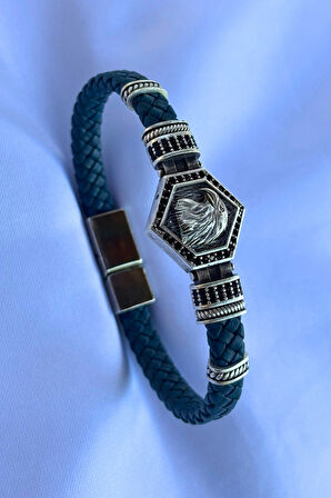 Kartal Altıgen Zirkon Taşlı El İşçiliği ile Üretilmiş Hakiki Deri Erkek Bileklik