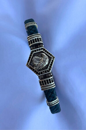 Kartal Altıgen Zirkon Taşlı El İşçiliği ile Üretilmiş Hakiki Deri Erkek Bileklik