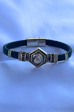 Kartal Altıgen Zirkon Taşlı El İşçiliği ile Üretilmiş Hakiki Deri Erkek Bileklik