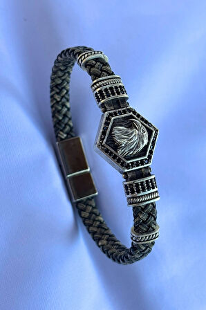 Kartal Altıgen Zirkon Taşlı El İşçiliği ile Üretilmiş Hakiki Deri Erkek Bileklik