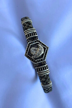 Kartal Altıgen Zirkon Taşlı El İşçiliği ile Üretilmiş Hakiki Deri Erkek Bileklik