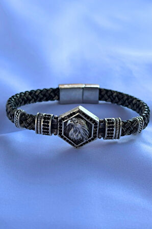 Kartal Altıgen Zirkon Taşlı El İşçiliği ile Üretilmiş Hakiki Deri Erkek Bileklik