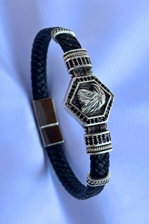 Kartal Altıgen Zirkon Taşlı El İşçiliği ile Üretilmiş Hakiki Deri Erkek Bileklik