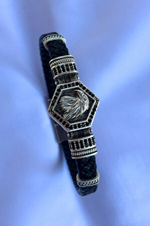 Kartal Altıgen Zirkon Taşlı El İşçiliği ile Üretilmiş Hakiki Deri Erkek Bileklik