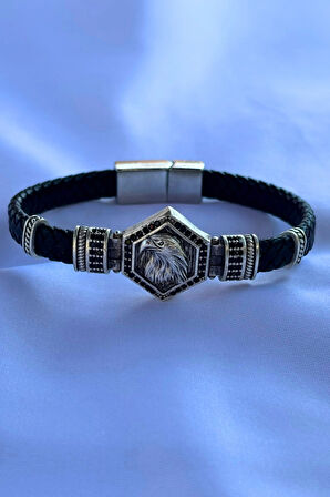 Kartal Altıgen Zirkon Taşlı El İşçiliği ile Üretilmiş Hakiki Deri Erkek Bileklik