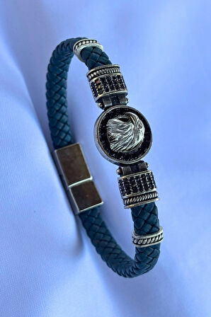 Kartal Zirkon Taşlı Yuvarlak El İşçiliği ile Üretilmiş Hakiki Deri Erkek Bileklik