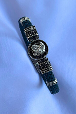 Kartal Zirkon Taşlı Yuvarlak El İşçiliği ile Üretilmiş Hakiki Deri Erkek Bileklik