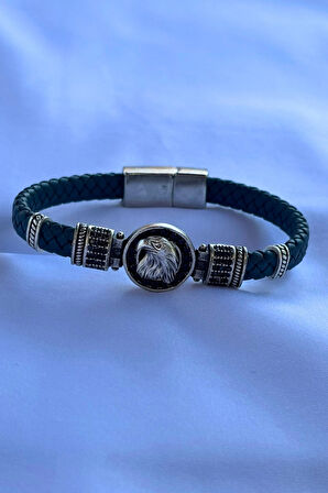 Kartal Zirkon Taşlı Yuvarlak El İşçiliği ile Üretilmiş Hakiki Deri Erkek Bileklik