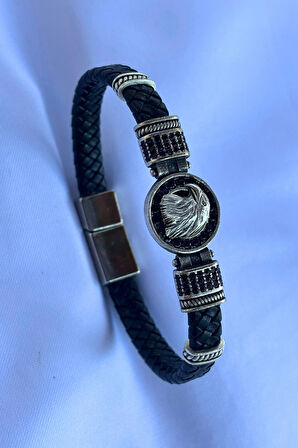 Kartal Zirkon Taşlı Yuvarlak El İşçiliği ile Üretilmiş Hakiki Deri Erkek Bileklik