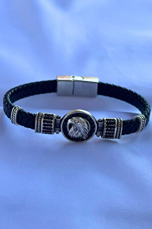 Kartal Zirkon Taşlı Yuvarlak El İşçiliği ile Üretilmiş Hakiki Deri Erkek Bileklik