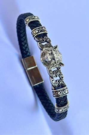 Kurt Figürlü El İşçiliği ile Üretilmiş Hakiki Deri Erkek Bileklik
