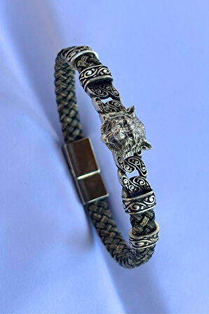Kurt Figürlü El İşçiliği ile Üretilmiş Hakiki Deri Erkek Bileklik