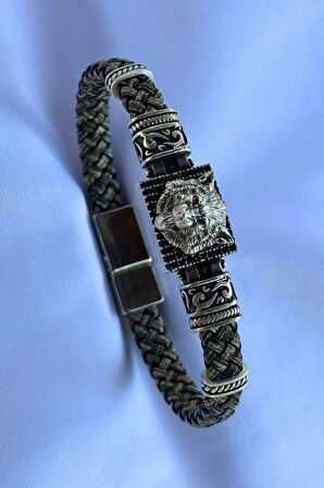 Kurt Dikdörtgen Zirkon Taşlı El İşçiliği ile Üretilmiş Hakiki Deri Erkek Bileklik