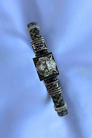 Kurt Dikdörtgen Zirkon Taşlı El İşçiliği ile Üretilmiş Hakiki Deri Erkek Bileklik