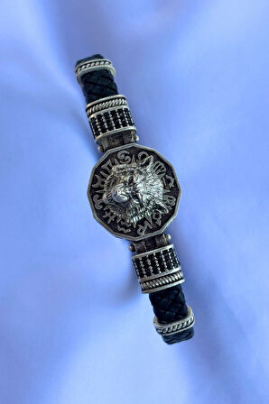 Kurt Figürlü Zirkon Taşlı El İşçiliği ile Üretilmiş Hakiki Deri Erkek Bileklik