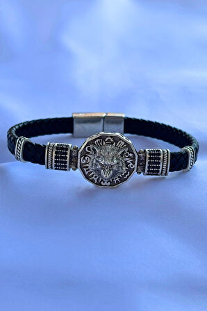 Kurt Figürlü Zirkon Taşlı El İşçiliği ile Üretilmiş Hakiki Deri Erkek Bileklik