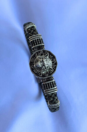 Kurt Figürlü Zirkon Taşlı El İşçiliği ile Üretilmiş Hakiki Deri Erkek Bileklik