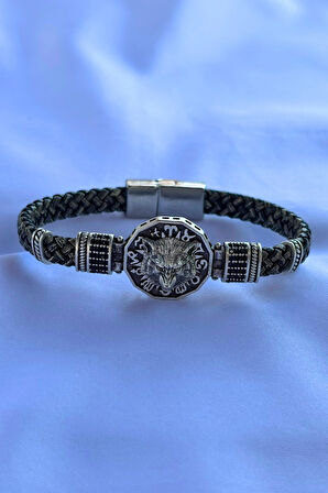 Kurt Figürlü Zirkon Taşlı El İşçiliği ile Üretilmiş Hakiki Deri Erkek Bileklik