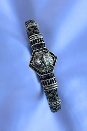 Kurt Altıgen Zirkon Taşlı El İşçiliği ile Üretilmiş Hakiki Deri Erkek Bileklik