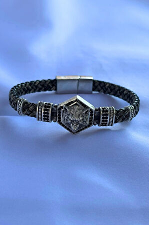 Kurt Altıgen Zirkon Taşlı El İşçiliği ile Üretilmiş Hakiki Deri Erkek Bileklik