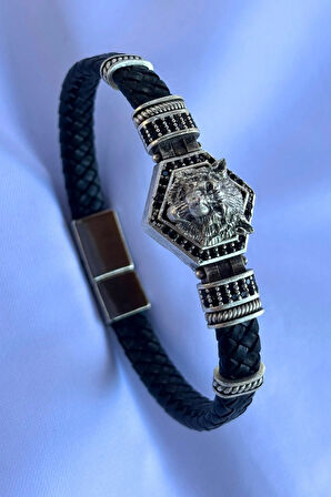 Kurt Altıgen Zirkon Taşlı El İşçiliği ile Üretilmiş Hakiki Deri Erkek Bileklik