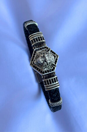 Kurt Altıgen Zirkon Taşlı El İşçiliği ile Üretilmiş Hakiki Deri Erkek Bileklik