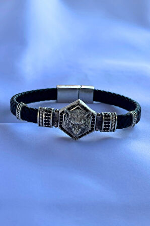 Kurt Altıgen Zirkon Taşlı El İşçiliği ile Üretilmiş Hakiki Deri Erkek Bileklik