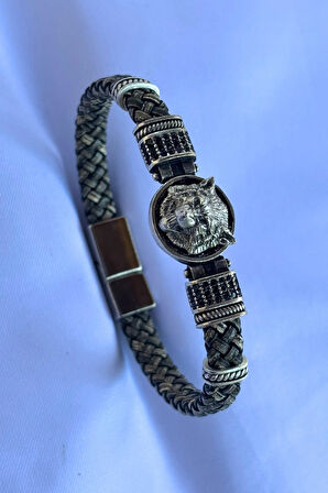 Kurt Zirkon Taşlı Yuvarlak El İşçiliği ile Üretilmiş Hakiki Deri Erkek Bileklik