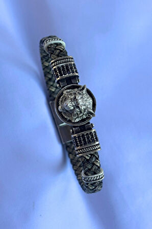 Kurt Zirkon Taşlı Yuvarlak El İşçiliği ile Üretilmiş Hakiki Deri Erkek Bileklik