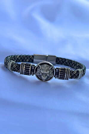 Kurt Zirkon Taşlı Yuvarlak El İşçiliği ile Üretilmiş Hakiki Deri Erkek Bileklik