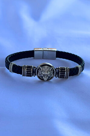 Kurt Zirkon Taşlı Yuvarlak El İşçiliği ile Üretilmiş Hakiki Deri Erkek Bileklik