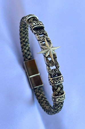 Pusula Figürlü El İşçiliği ile Üretilmiş Hakiki Deri Erkek Bileklik