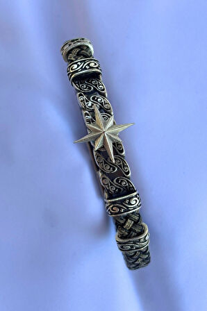 Pusula Figürlü El İşçiliği ile Üretilmiş Hakiki Deri Erkek Bileklik