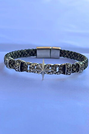 Pusula Figürlü El İşçiliği ile Üretilmiş Hakiki Deri Erkek Bileklik