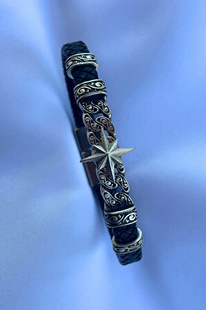 Pusula Figürlü El İşçiliği ile Üretilmiş Hakiki Deri Erkek Bileklik