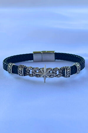 Pusula Figürlü El İşçiliği ile Üretilmiş Hakiki Deri Erkek Bileklik