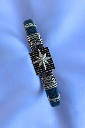 Pusula Dikdörtgen Zirkon Taşlı El İşçiliği ile Üretilmiş Hakiki Deri Erkek Bileklik