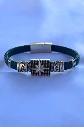 Pusula Dikdörtgen Zirkon Taşlı El İşçiliği ile Üretilmiş Hakiki Deri Erkek Bileklik