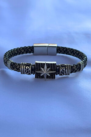 Pusula Dikdörtgen Zirkon Taşlı El İşçiliği ile Üretilmiş Hakiki Deri Erkek Bileklik