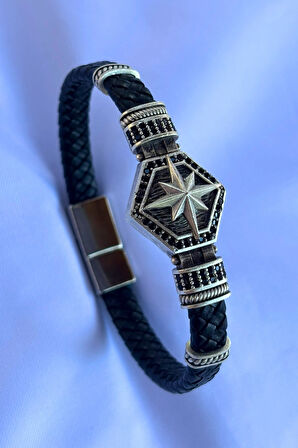 Pusula Altıgen Zirkon Taşlı El İşçiliği ile Üretilmiş Hakiki Deri Erkek Bileklik