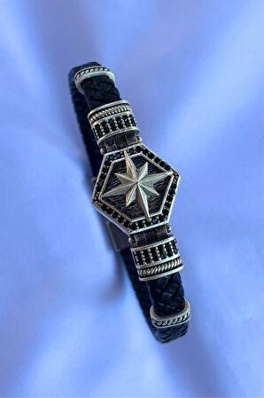 Pusula Altıgen Zirkon Taşlı El İşçiliği ile Üretilmiş Hakiki Deri Erkek Bileklik