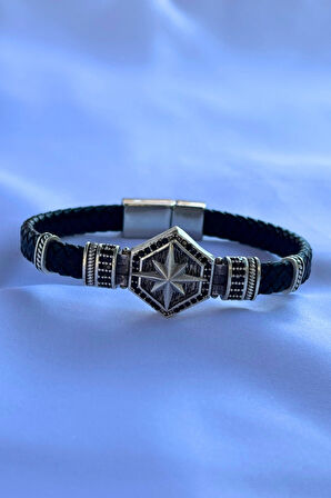 Pusula Altıgen Zirkon Taşlı El İşçiliği ile Üretilmiş Hakiki Deri Erkek Bileklik