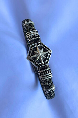 Pusula Altıgen Zirkon Taşlı El İşçiliği ile Üretilmiş Hakiki Deri Erkek Bileklik