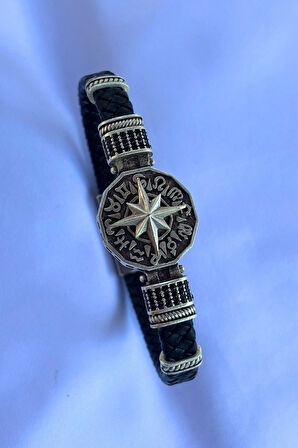 Pusula Figürlü Zirkon Taşlı El İşçiliği ile Üretilmiş Hakiki Deri Erkek Bileklik